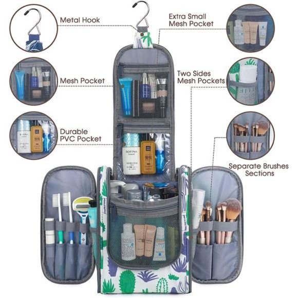 Hanging Travel Toiletry Bag Cosmetic Make up Organizer for Women Cactus Bag - Picture 6 of 7